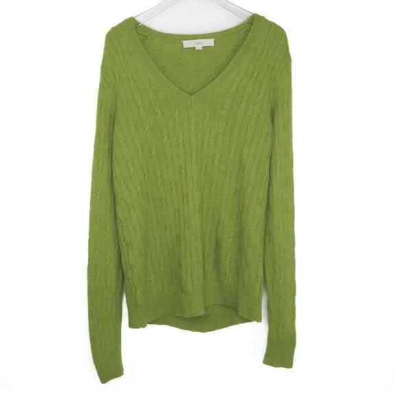 LOFT Sweaters - Ann Taylor LOFT Sheen Green V-Neck Cable Knit Sweater Medium